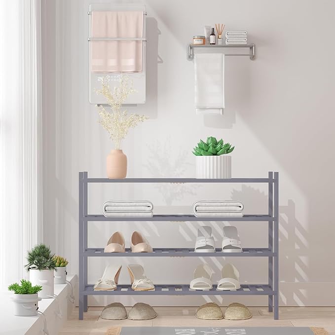 RONGJlA 4 Tier Bamboo Shoe Rack for Closet Free Standing Wood Shoe Shelf Storage Organizer for Entryway Small Space Stackable, Gray