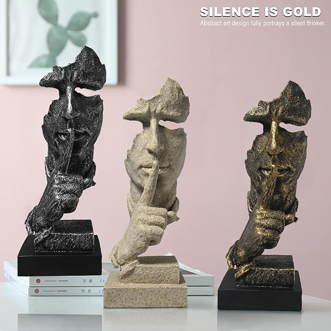 fazhongfa Thinker Statue - Silence is Gold Modern Decor Creative Abstract Art Figurine Resin Sculptures Decoration Room Home Study Office Figurines for Desktop Shelf Table Ornament (Silver)