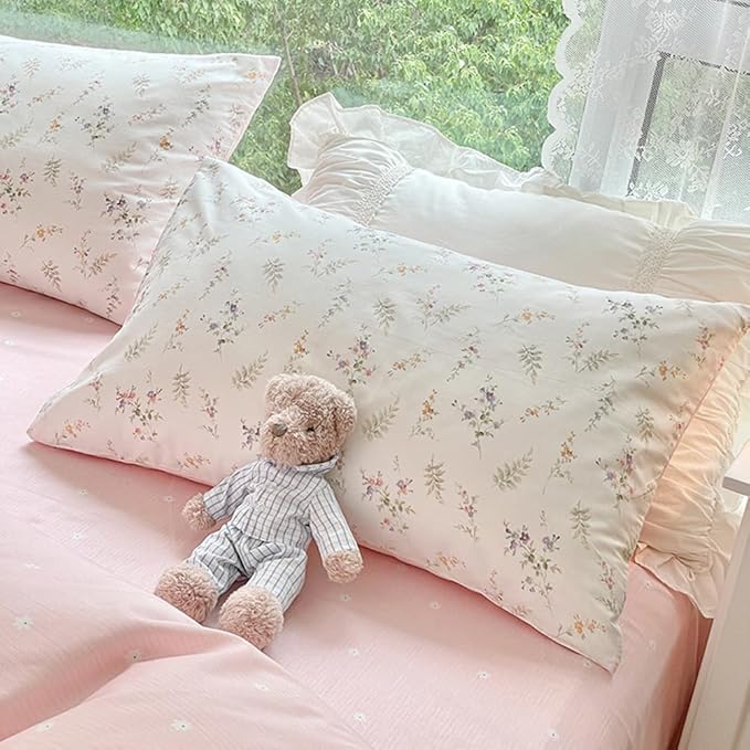 Nayoroom Pink Floral Duvet Cover Queen Size Green Botanical Leaf Printed on White Reversible Coquette Bedding Set 3 Pcs Soft Microfiber Spring Cottagecore Comforter Cover with Zipper Closure