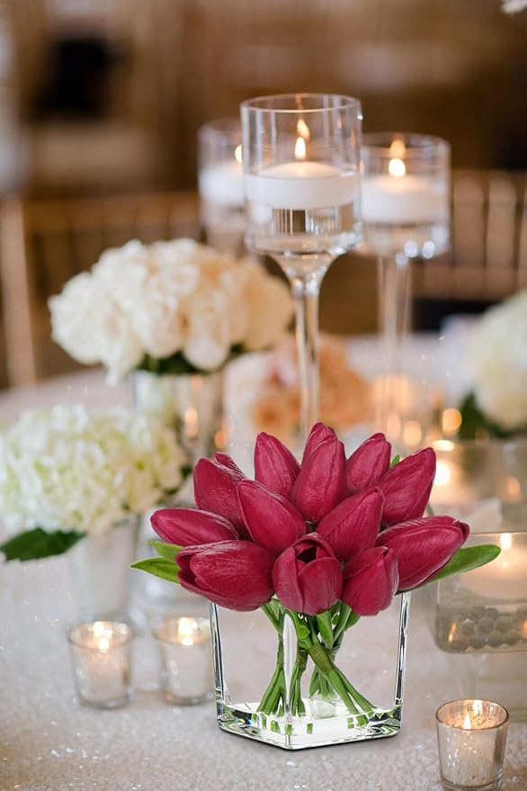 DILATATA Artificial Hot Pink Tulips in Vase with Faux Water 5.5" Real Touch Flowers Fake Tulips Small Flowers Arrangement in Cube Glass Vase for Mother's Day Table Centerpiece Wedding Home Decor