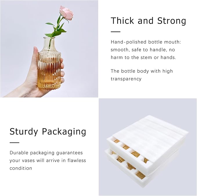 24pcs Glass Bud Vase Set, Small Gold Amber Flower Vases for Centerpieces in Bulk, Mini Vintage Vase for Wedding, Home,Table Decoration