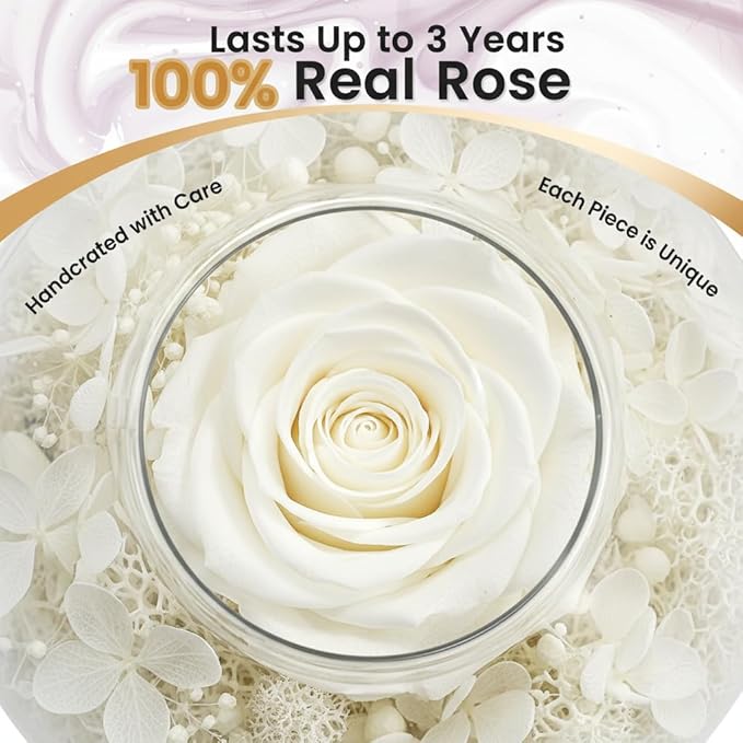 Eternal Preserved Real Rose, Glass Dome Gift Set with 18 Scented Candles (9 Bergamot,9 Jasmine), Mother's Day Valentine Christmas Birthday Gift for Women Mom Girlfriend Wife Home Decor (White)