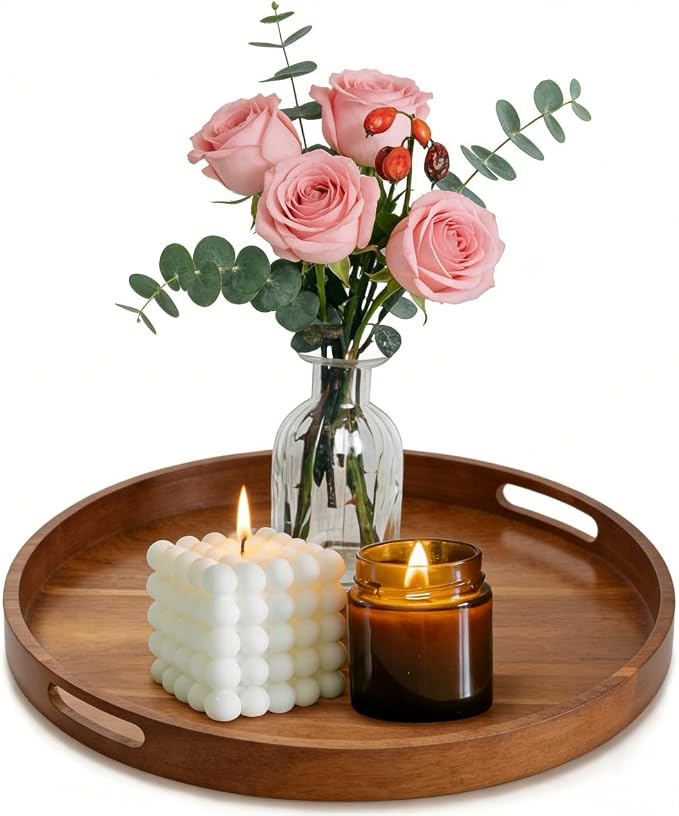 11.8 Inch Rustic Wood Serving Tray with Handles-Small Round, Decorative Tray for Kitchen Living Room Coffee Table Candle Display Breakfast in Bed, Multi-Functional Food & Beverage Tray Farmhouse Style