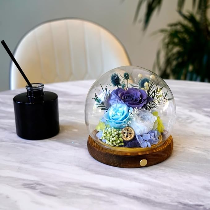 Preserved Real Rose Flowers in Glass Dome with LED Lights,Real Rose Flowers Unique Floral Gift for Girlfriend Mom Wife Girlfriend on Christmas Birthday Anniversary (Starry Sky Blue)