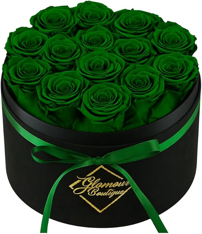 GLAMOUR BOUTIQUE Flowers Forever Gift Box 12 Real Preserved Roses in a Velvet Black Box, Birthday for Her Mom and Wife, Mothers Day, Anniversary, Graduation - Green