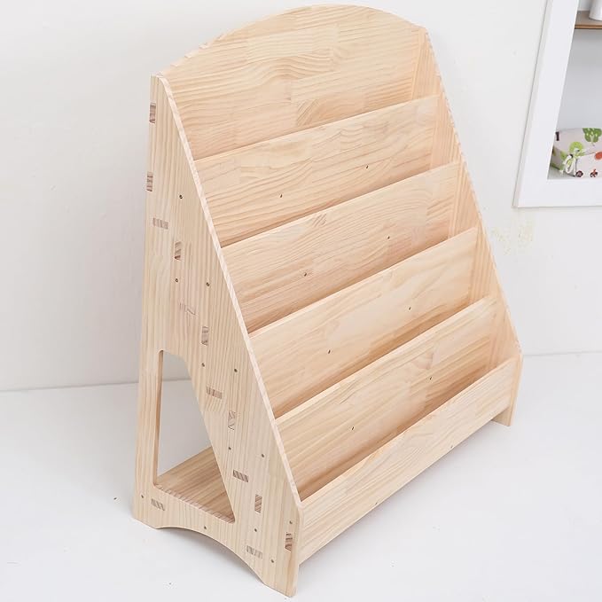 Montessori Toddler Book Shelf Organizer Single Sided Book Rack Display with Toy Storage, Children Baby Classroom Bookshelf, Kids Room bookcases cabinets & Shelves Natural Pine (31”)
