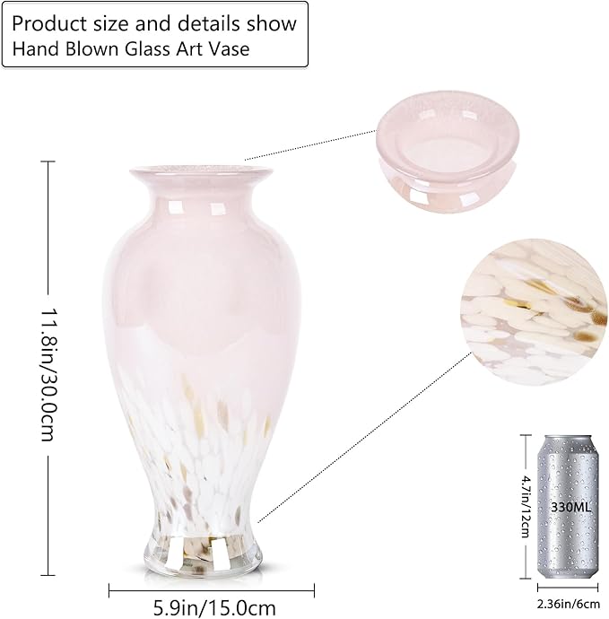 11.8" Tall Pink Glass Vase Beautiful Hand Blown Glass Vase Modern Art Home Decor, Wide Mouth Colorful Vases for Mantle Dining Table Centerpiece, Entryway Living Room Wedding Decoration
