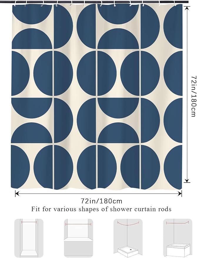 Dark Blue Mid Century Modern Shower Curtain, Boho Abstract Geometric Retro Art Shower Curtains for Bathroom, Colorful Unique Pattern Polyester Fabric Shower Curtain Set 12 Hooks 72X72IN