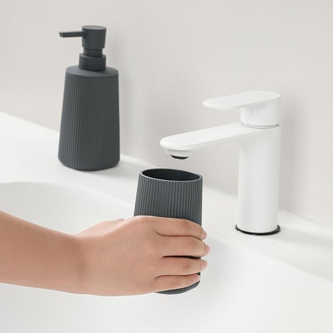 YAUKPH Bathroom Accessories Set 2 Piece Soap Dispenser and Toothbrush Holder for Bathroom Countertop Striped Gray