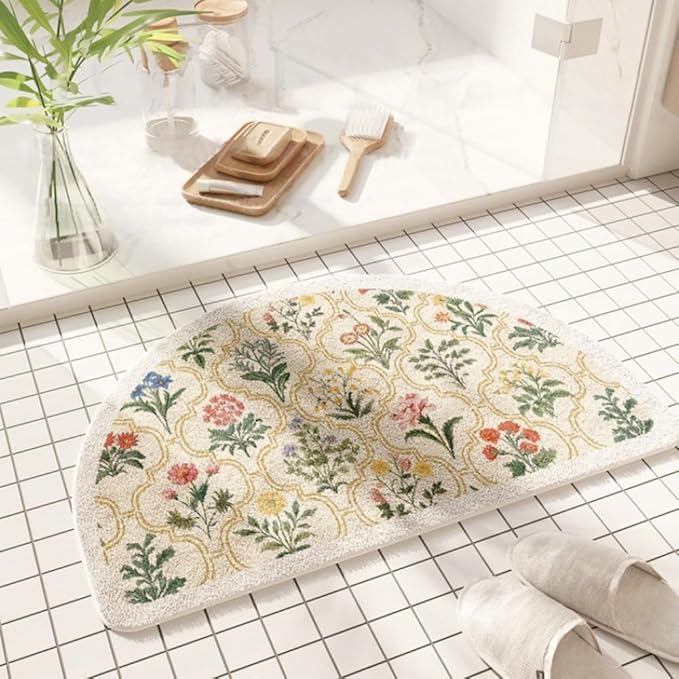 vctops Half Circle Bathroom Rugs, Spring Floral Print Absorbent Microfiber Bath Rugs, Non Slip Quick Dry Bath Mats for Bathroom Floor, Tub and Shower, Home Decor Accessories (Half Round A,16"x24")