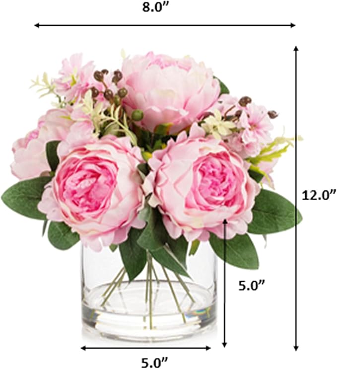 ENOVA FLORAL Artificial Flower Arrangement with Vase,Mixed Artificial Fake Silk Peony Flower in Vase for Decoration Home Office, Wedding Centerpiece (Dark Pink01)