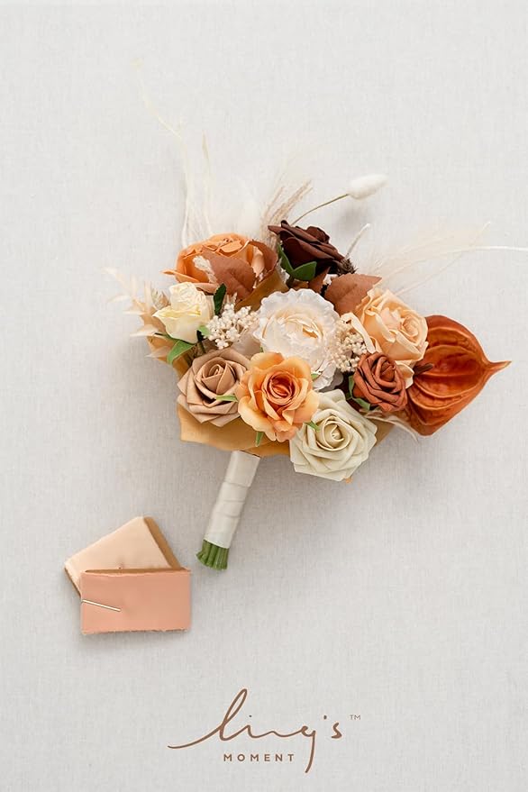 Ling's moment Artificial Flowers Boho Bridesmaid Bouquet, Terracotta Wedding Flower Bouquets for Bridesmaids, 7 Inch Bridal Bouquets for Bridesmaids, Wedding Decor, Ceremony, Anniversary, etc.