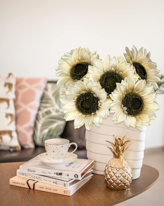 Hollyone Large Silk White Sunflowers Artificial Flowers 26" Long Stem Sunflowers Fake Flowers 6PCS Faux Vintage Fall Sunflowers Bouquet Bulk for Home Wedding Birthday Party Centerpieces Decorations