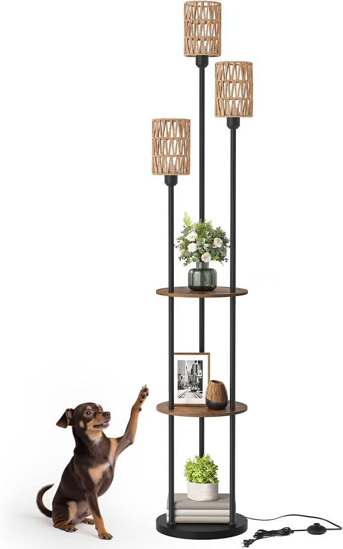 Floor Lamp with Shelves, Boho Floor Lamp with Foot Switch, 3-Light Standing Lamp, for Living Room, Bedroom, Study, Rustic Brown and Yellow YF53LD05 