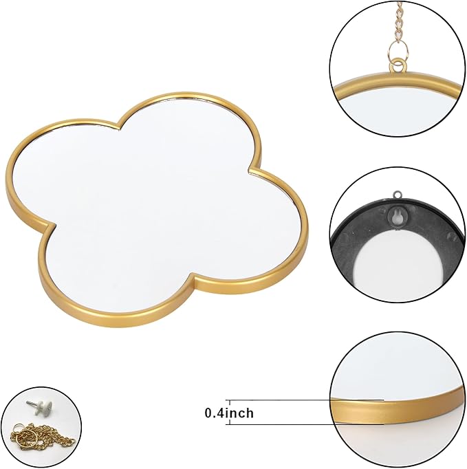 DECANIT Decorative Wall Mirrors Set of 3,Gold Clover Hanging Mirrors with Scalloped Frame for Living Room, Bedroom & Entryway, Accent Wall Decor
