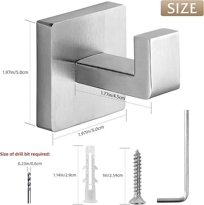Heavy Duty Stainless Steel Towel Hooks, Wall Mounted Square Robe Hooks for Bathroom, Kitchen, Bedroom, Hotel Brushed Nickel 2 Pack