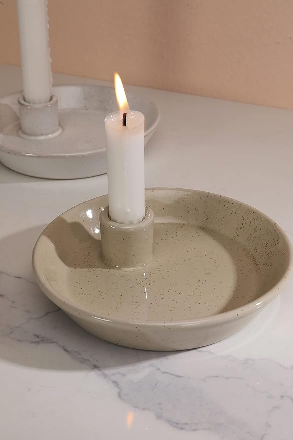 DN DECONATION Ceramic Candle Holder, Boho Candlestick Holder with Round Plate for Taper Candles, Unique Farmhouse Porcelain Candle Stick Holder for Meditation/Yoga Room Home Wedding Decor(Gray)