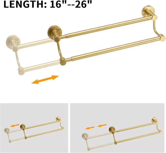 BESy Adjustable 16-26 Inches Double Bath Towel Bar for Bathroom SUS304 Stainless Steel Towel Holder, Hotel Style Wall Mount with Screws Hand Towel Bar,Towel Rack Rod Hanger, Brushed Gold Finish