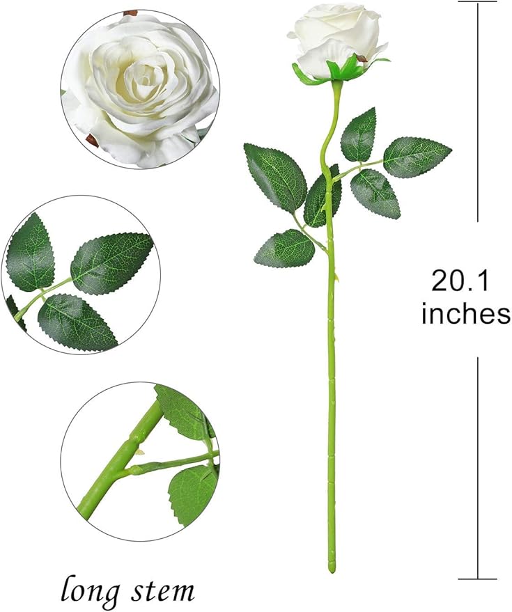 Veryhome Artificial Flowers Silk Roses Fake Bridal Wedding Bouquet for Home Garden Party Floral Decor 10 Pcs (White Curved stem)