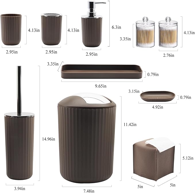 Bathroom Accessory Set - 10 Piece Brown Bathroom Accessories Set with Trash Can, Toothbrush Holder and Cup, Soap Dispenser, Soap Dish, Toilet Brush Holder, Vanity Tray, Qtip Holder, Tissue Box Cover