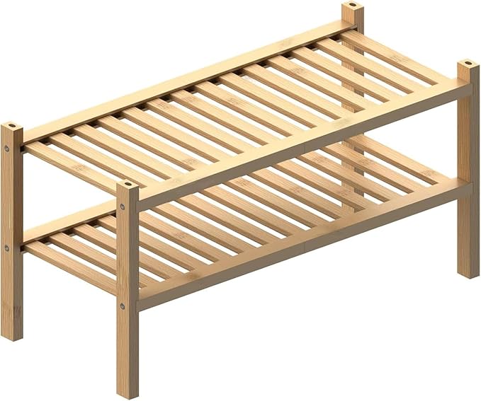 RONGJlA 2 Tier Bamboo Shoe Rack for Closet Free Standing Wood Shoe Shelf Storage Organizer for Entryway Small Space Stackable, Natural