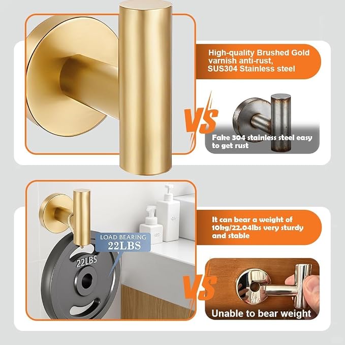 5 Pieces Brushed Gold Bathroom Hardware Accessories Set, SUS304 Stainless Steel 24 Inch Bath Towel Bar Set, Round Bathroom Towel Holder Set, Towel Racks for Bathroom Wall Mounted