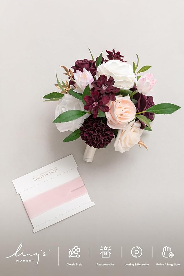 Ling's moment Artificial Flowers Red Bridesmaid Bouquet, Marsala & Blush Wedding Flowers Bouquets for Bridesmaids, 7 Inch Bridal Bouquets for Bridesmaids, Wedding Decor, Ceremony, etc