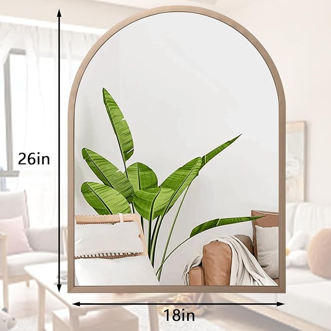 Large Arch Wall Mirror Bathroom Mirror Brass 26"x18" Metal Framed Mirror, Arched Wall Mounted Vanity Mirror for Bedroom, Living Room, Entryway