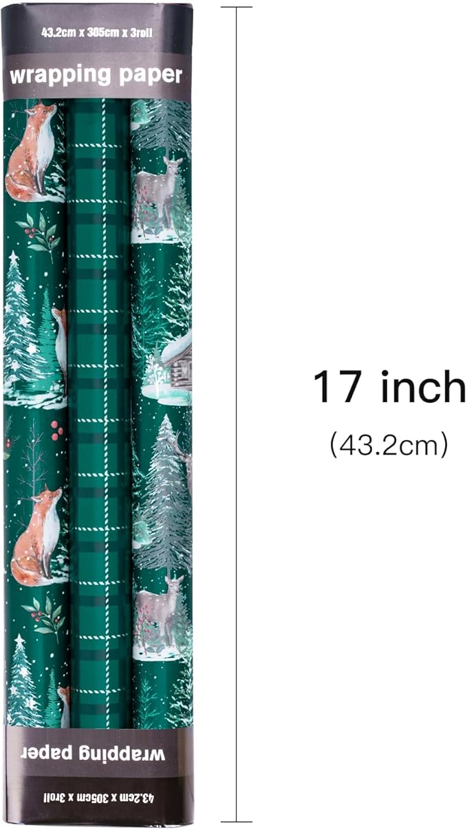LeZakaa Green Christmas Wrapping Paper Roll, Fox, Squirrel, Reindeer & Chrismas Tree, Green Plaid for Winter Holiday Party, 17 x 120 inches, 3 Mini Rolls