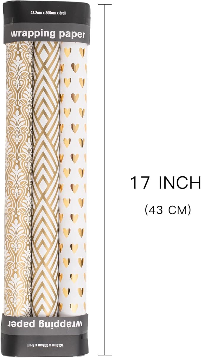 LeZakaa Gold Wrapping Paper Roll, Luxury Metallic Gift Wrap with Heart, Geometric & Floral Pattern for Wedding, Birthday, Anniversary, Bridal Shower, Christmas, Valentines, 17 x 120 inches, 3Rolls