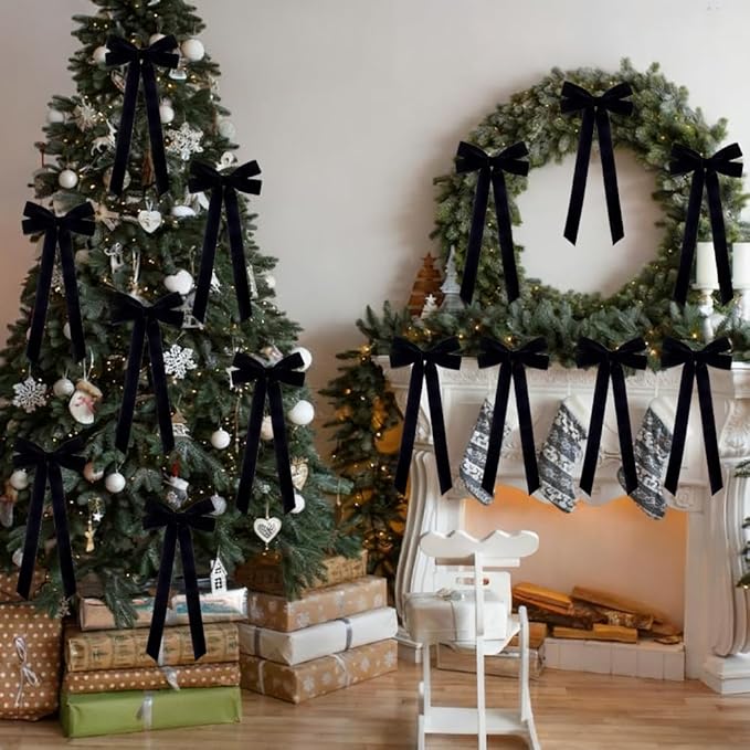 JOICEE 15Pcs Black Velvet Bows, 5in x 12in Christmas Tree Wreath Bows Rustic Crafts Gift Ribbon Bow for Xmas Tree Topper Wreath Garland Fireplace Mantel Staircase Wedding Home Decor