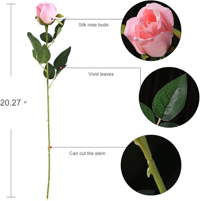 Veryhome Artificial Flowers Silk Roses Fake Bridal Wedding Bouquet for Home Garden Party Floral Decor 10 Pcs (Pink Straight stem)