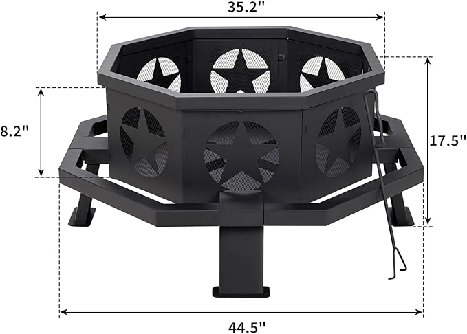 Auhilence 45 inch Large Fire Pit, Outdoor Fire Pit with Heavy Duty Construction, Wood Burning Fire Pits for Outside Octagonal Firepit for Camping, Backyard, Patio, Black