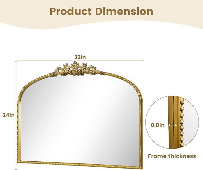 WallBeyond Gold Vintage Mirror for Vanity 32x24 Inch, Gold Antique Mirror with Ornate Frame, Arched Vintage Wall for Bathroom, Living Room, Fireplace, Entryway