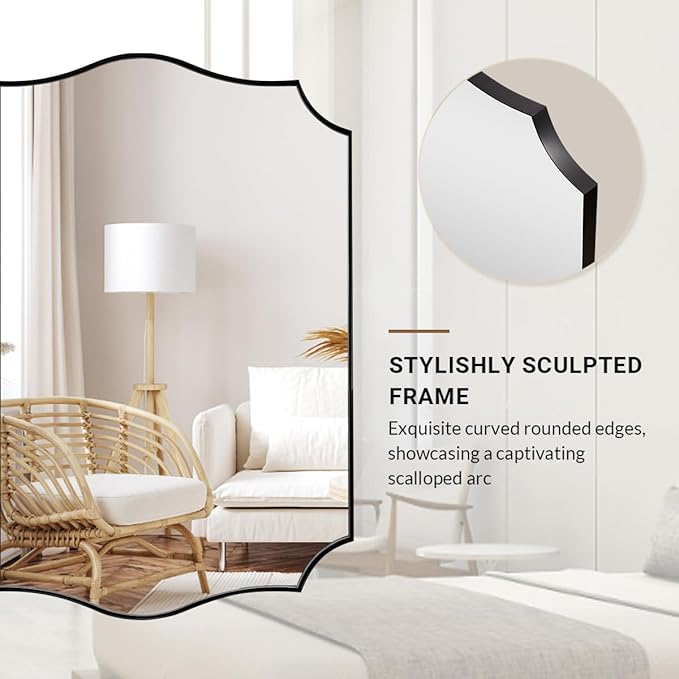 ANDY STAR Matte Black Mirror, 24x36 Inch Scalloped Bathroom Mirror, Unique Wavy Rectangle Mirror in Stainless Steel Metal 1” Frame, Wall Mount Vertical or Horizontal