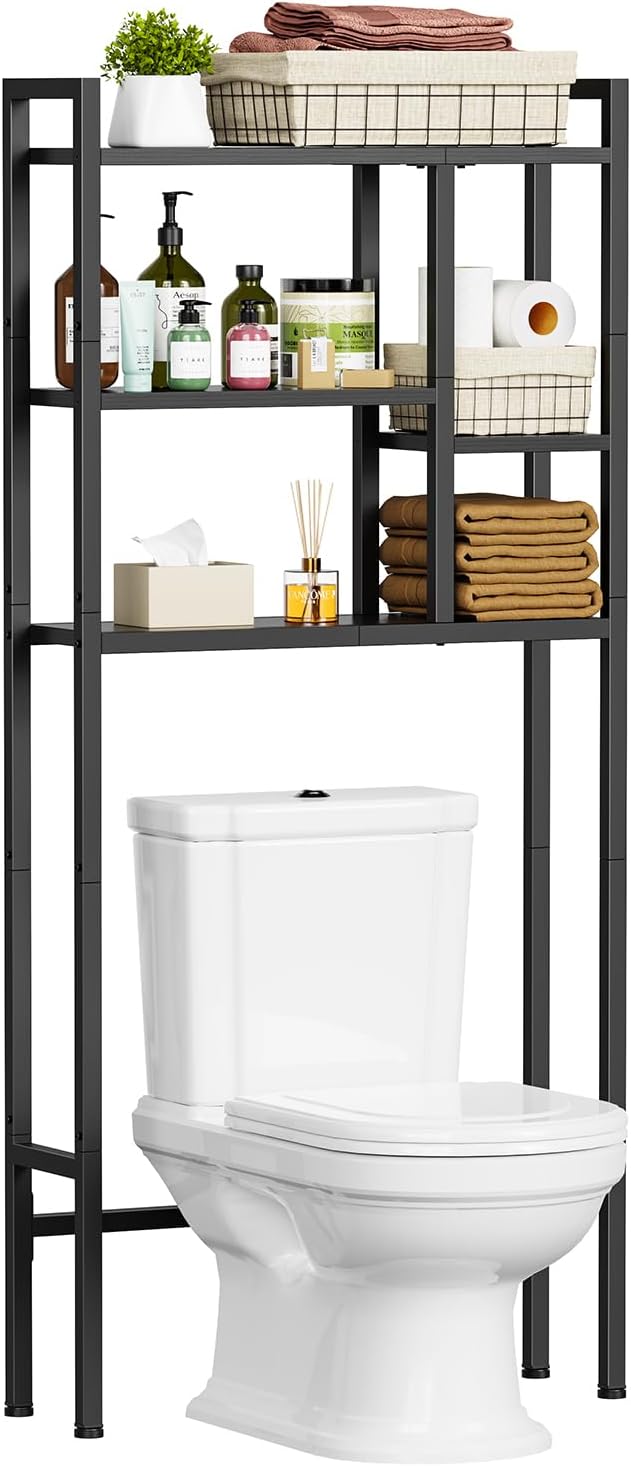Asgolion Over The Toilet Storage Rack, 3-Tier Bathroom Organizer Over Toilet, Wooden Above Toilet Storage Shelf, Space Saver, Freestanding Bathroom Storage Metal Shelf, Easy to Assemble, Black