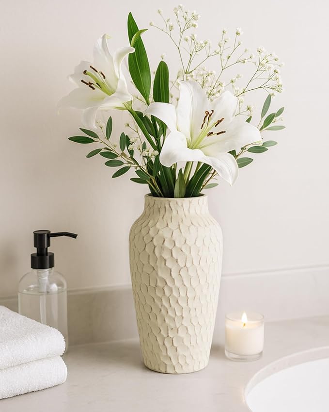 Rustic Beige Ceramic Vase for Flowers, Distressed Textured Vintage Farmhouse Decorative Vase for Pampas Grass, Eucalyptus, Table Centerpiece & Fall Home Decor