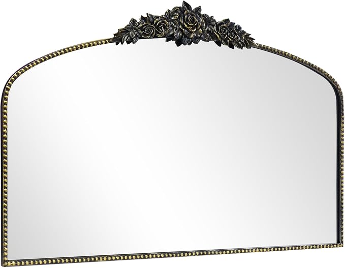 Antique Black Arched Mirror 48"x30", Victorian Vintage Black Mirrors with Ornate Metal Frame, Baroque Mirrors for Fireplace/Entryway/Dining Room/Living Room/Bathroom