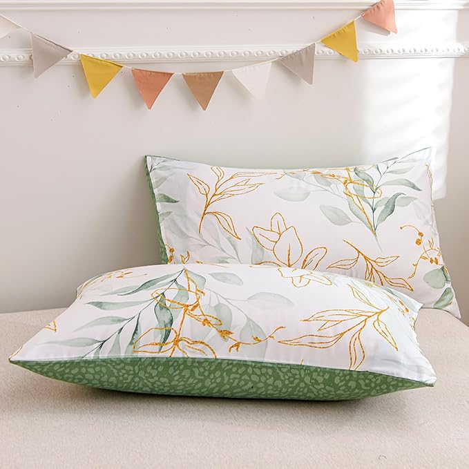 Nayoroom White Floral Duvet Cover Queen Size Green Gold Leaves Printed Reversible Botanical Comforter Cover 3 Pieces Soft Breathable Microfiber Cottagecore Bedding Set with Zipper Closure