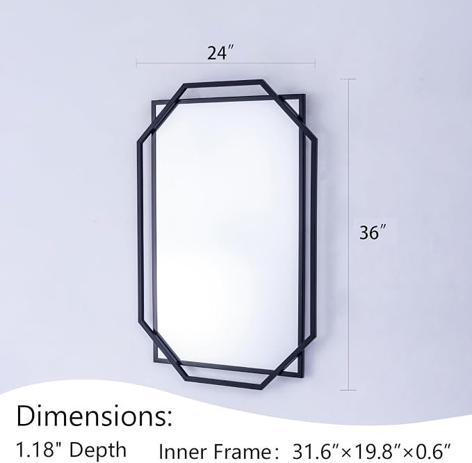 Black Bathroom Mirror, 36" x 24" Mirror Wall Decor with Modern Art Octagonal Metal Frame, for Living Room, Bedroom, Dining Room, Entryway