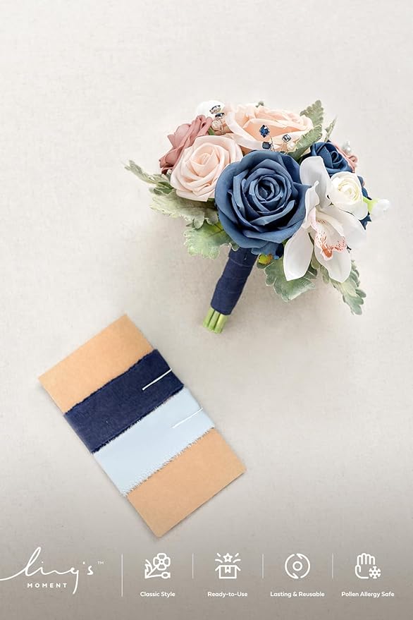Ling's moment Artificial Flowers Dusty Rose & Blue Bridesmaid Bouquet, Wedding Flowers Bouquets for Bridesmaids, 7 Inch Bridal Bouquets for Bridesmaids, Wedding, Ceremony, Anniversary, etc