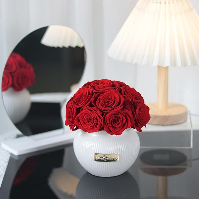 Preserved Roses,Weeding Flowers,Table Centerpiece Flowers,14Pcs Long Lasting Real Rose in Ceramic Vase,Table Flowers for Party,Wedding Decor,Birthday,Anniversary,Wedding Gifts for Her (Red)