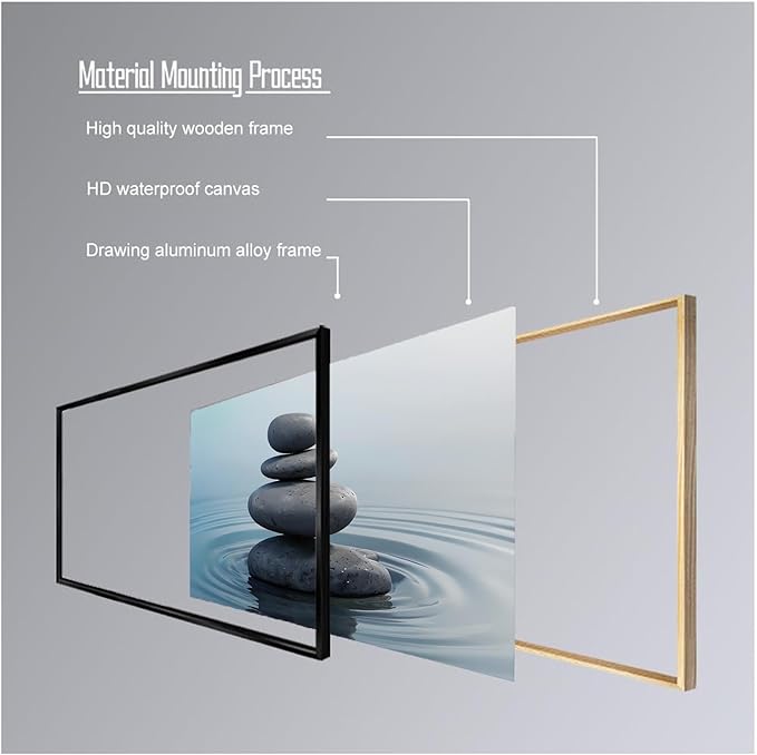 Zen wall art Harmonious grey stones stacked on a calm surface of water Serene Zen decor suitable for tranquil homes and spaces of meditation 20x30in Metal blackFramed