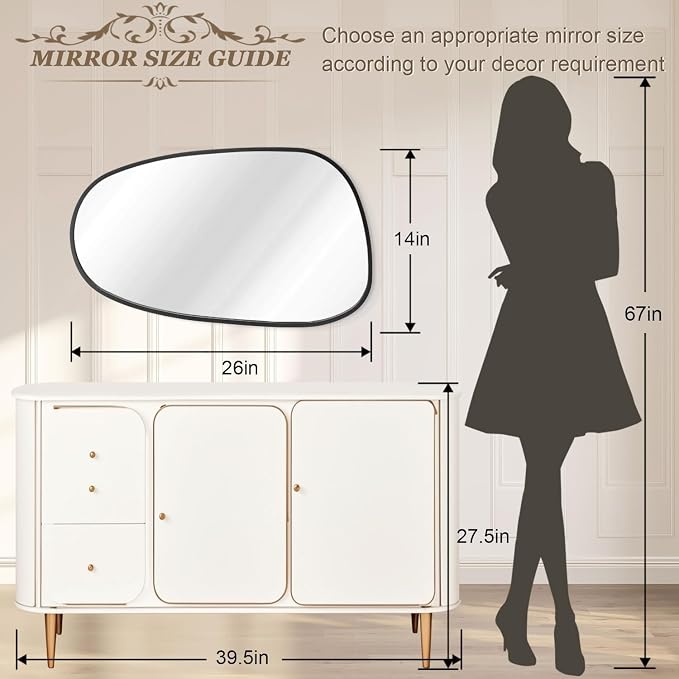 Black Irregular Bathroom Mirror for Wall, Aluminum Alloy Frame Asymmetrical Mirrors Brushed Metal Vanity Wall Mounted Mirror for LivingRoom Bedroom Room Home Decor Large 26"x14"
