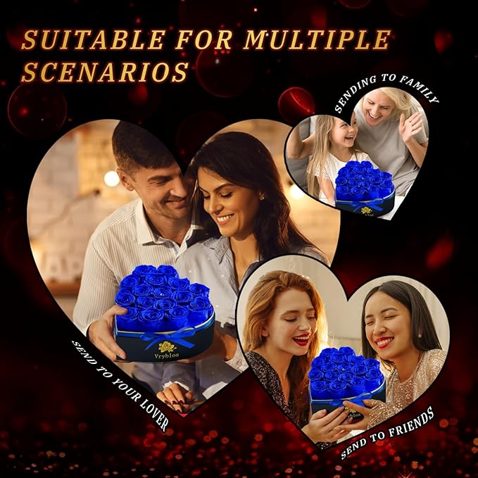 Forever Blue Roses in a Box Heart Shaped 16 Preserved Flowers for Delivery Grade A Quality 100% Real Immortal Flower Eternal Birthday for Her Mom Women Wife Girlfriends (Heart-Blue)