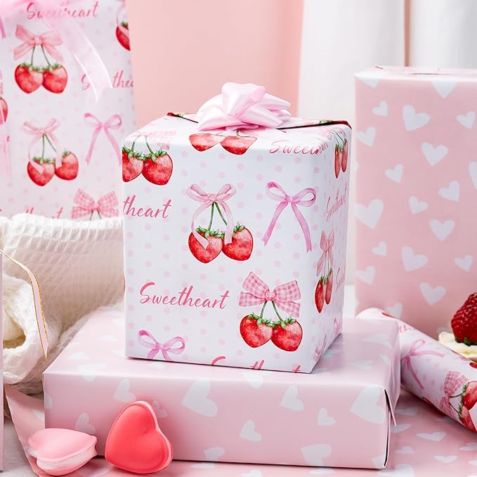 HOMERAL Pink Strawberry Wrapping Paper Roll - 17In x 32.8Ft Reversible Gift Wrap, Strawberry with Cherry-Stem and Bowknot for Girls Birthday, Wedding, Valentine’s Day, Baby Shower, Bridal Shower, Holiday, DIY Crafts