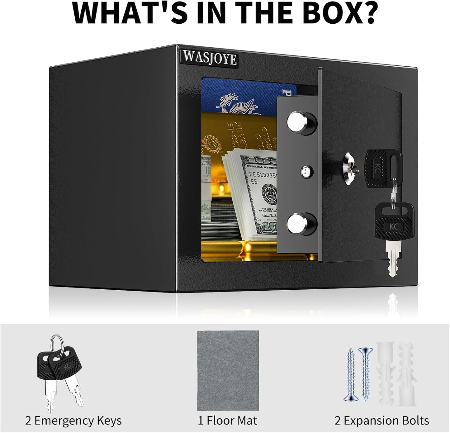 WASJOYE Small Home Safe Box - High-Security Key Lock Steel Safe | 0.23 Cubic Feet for Cash, Jewelry, and Documents