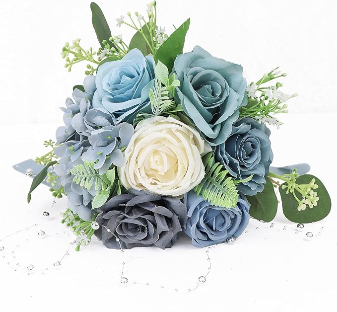 Set of 6 Bridesmaid Bouquets for Wedding - Artificial Bouquets for Bridesmaids Flowers Silk Floral Ceremony Anniversary Centerpieces Decorations - Dusty Blue and White,7 Inch
