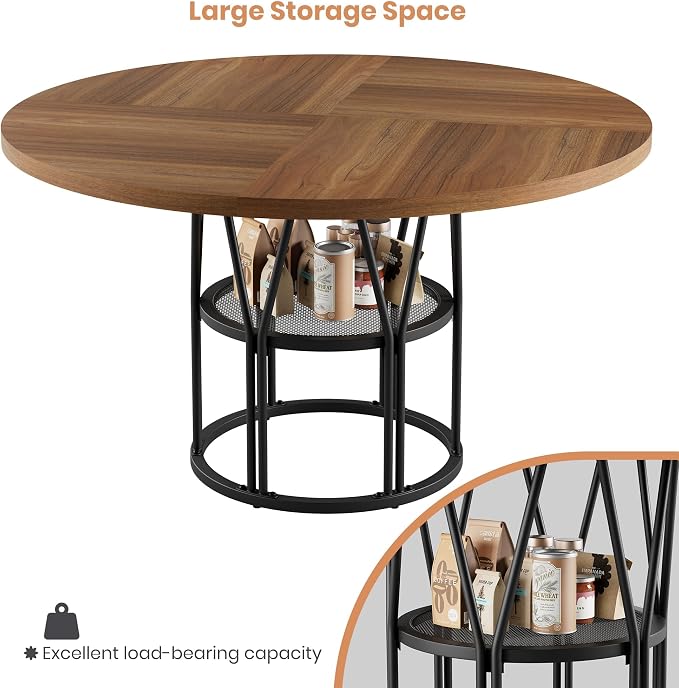 Garvee Round Dinning Table for 4-6 - 47" Circle Dinner Table with Storage Shelf & Sturdy Metal Frame, Modern Breakfast Tea Tray for Kitchen, Living Room, Apartment, Office, Brown