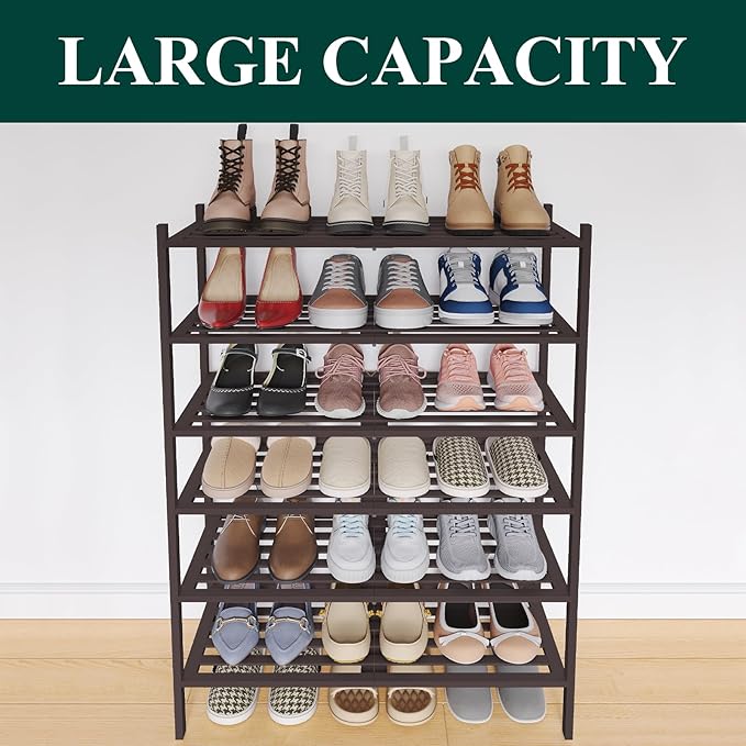 Smiry Bamboo Shoe Rack 6-Tier, Stackable Wooden Shoe Organizer for Entryway & Closet, Free Standing Wood Shoe Storage Shelf for Front Door & Small Spaces, Brown